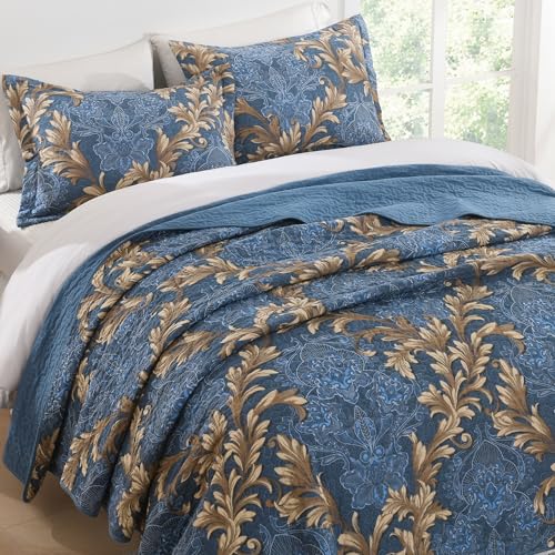 100% Cotton King Quilt Set - Reversible Blue Damask 3-Piece Bedspread