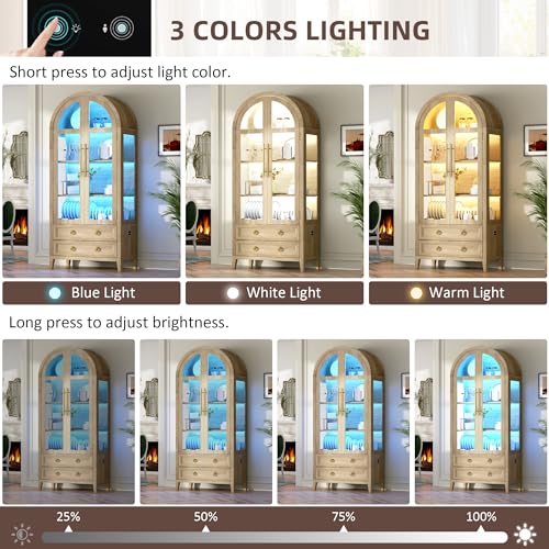 71-Inch Arched Curio Cabinet with LED Lights, 4-Tier Display & 2 Drawers