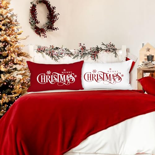 Lanpn 12x24 Xmas Pillow Covers Set of 2 Red & White Merry Christmas Snowflake - Front Print, Back Plain