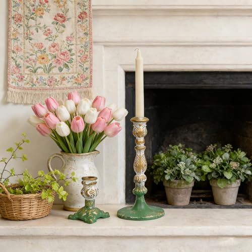 Vintage Metal Taper Candle Holders Set of 2 Distressed Iron