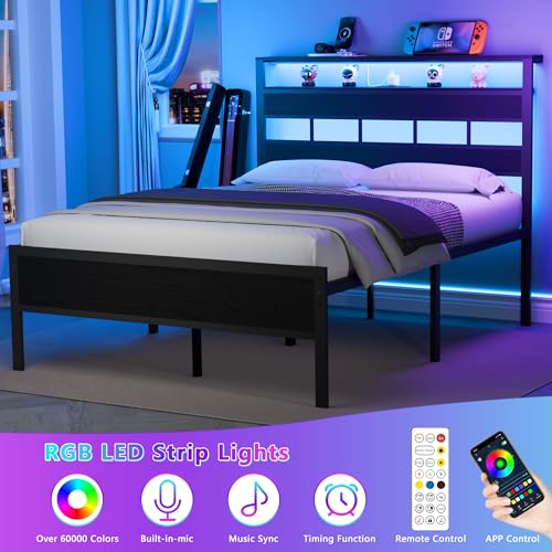 Full Size Metal Platform Bed Frame with Storage Headboard & LED Light