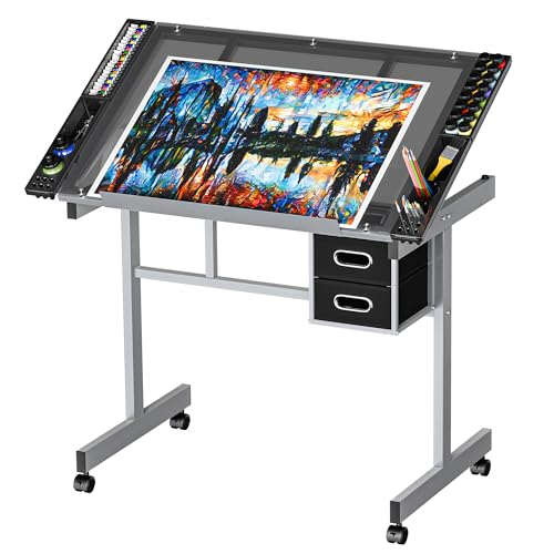 Adjustable Glass Drafting Table with Storage Drawers and Rolling Wheels