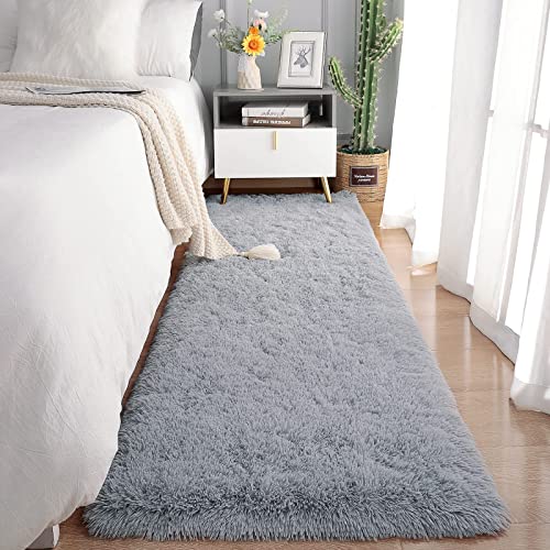Soft Fluffy Runner Rug 2x6, Non-Slip Grey Shag Carpet for Bedroom or Nursery