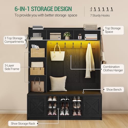 60-inch Farmhouse Hall Tree with LED Lights, Bench, and Shoe Storage