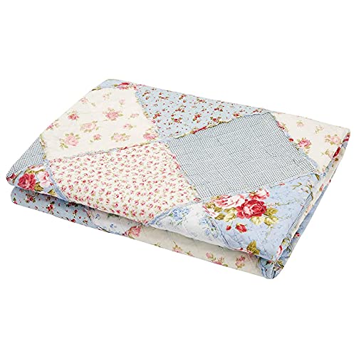 Twin Size Reversible Cotton Quilt - Blue Floral Patchwork Throw Blanket