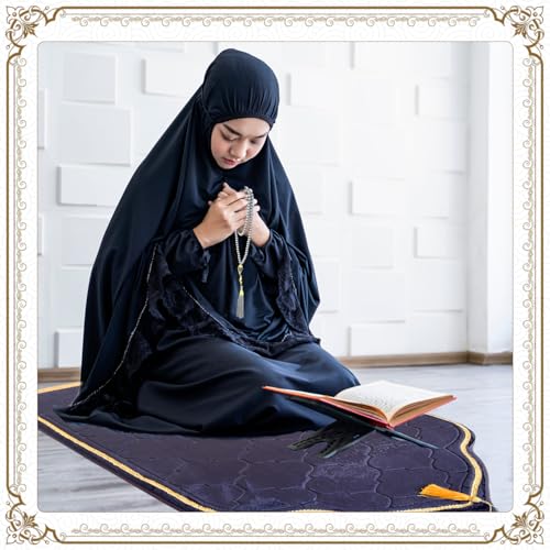 Extra Thick Padded Muslim Prayer Rug with Tasbih Beads - Non-Slip Mat