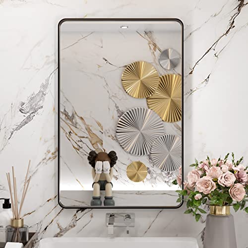 20x30 Inch Matte Black Bathroom Vanity Mirror, Rounded Rectangle Wall Mirror