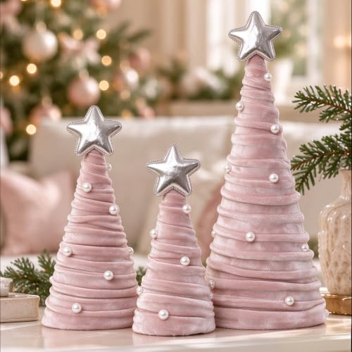 Pink Velvet Cone Christmas Tree Set with Pearls, 3-Piece Tabletop Decor