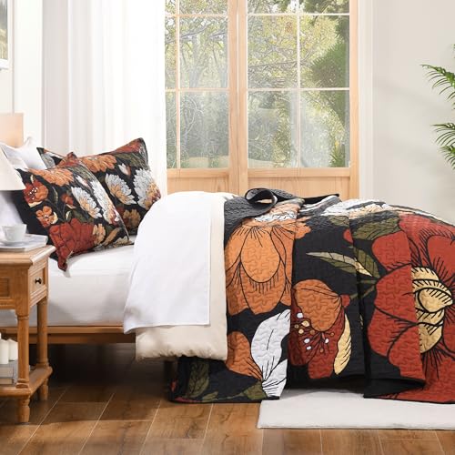 Andency Black Floral Boho King Quilt Set - 3-Piece Reversible Bedspread