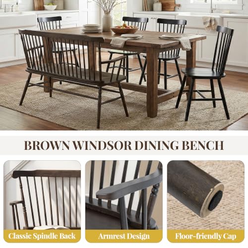 Rustic Solid Wood Farmhouse Dining Bench with Spindle Back and Armrest
