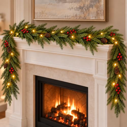 MERRI GLOW 9ft Real-Touch Norfolk Pine Garland - Pre-Lit Artificial Christmas Garland