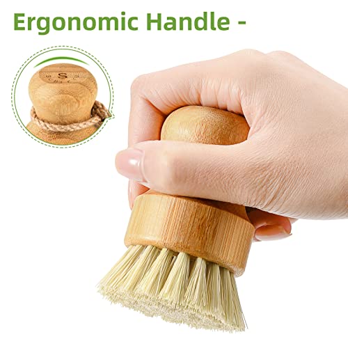 Bamboo Dish Scrub Brush Set with Ceramic Holder & Sisal Bristles - 3 Pack