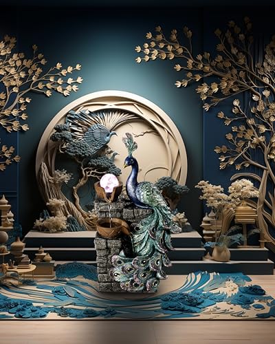 Peacock Tabletop Water Fountain with LED Color Changing Globe 14-inch