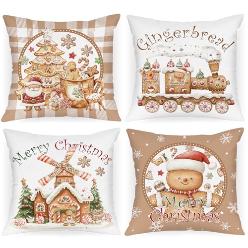 Lanpn Christmas Throw Pillow Covers 20x20 Set of 4, Gingerbread Man