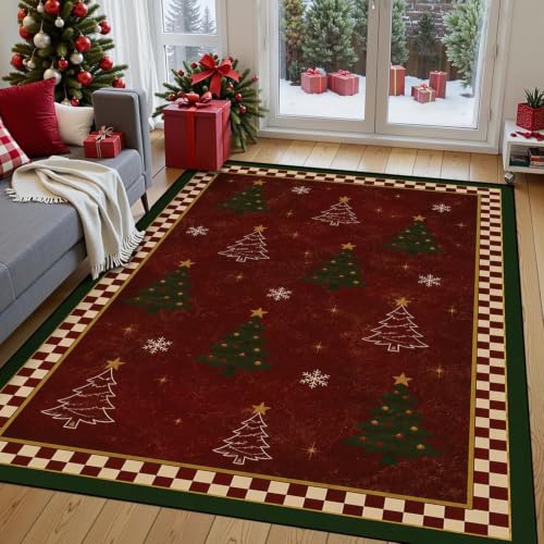FUYEUN 3x5 Christmas Farmhouse Snowflake Pine Area Rug - Rectangular Holiday Decor