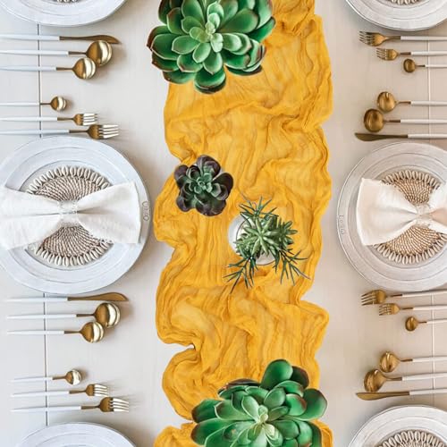 Mustard Yellow 3Pcs Gauze Cheesecloth Table Runner – 90x300cm Boho Linen Set (LGSMFT)