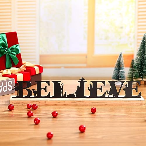 Modern Metal Nativity Scene Set with Wood Base for Christmas Table Decor