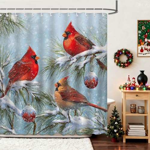Christmas Red Bird Shower Curtain - Winter Robin & Cardinal Bathroom Decor, 72x72 Inches with Hooks