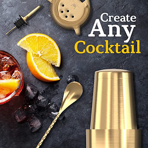 Highball & Chaser Antique Gold Bartender Kit with Bamboo Stand – Cocktail Shaker Set & Bar Tools