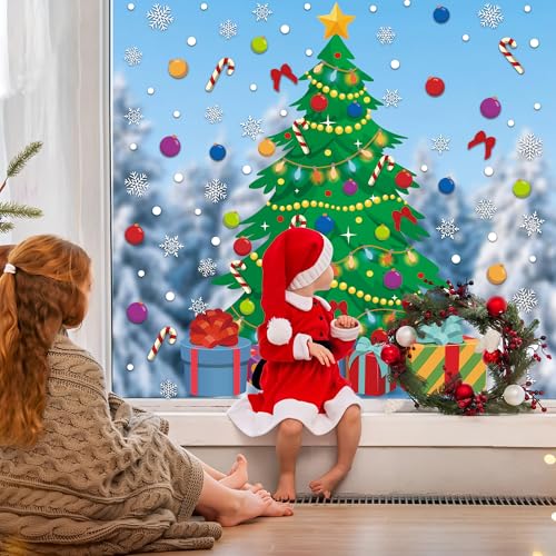 Augisteen Reusable 2-Piece Christmas Tree & Snowflake Window Clings - Large Holiday Decals for Glass & Home Decor