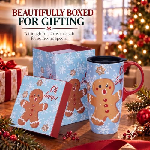 Topadorn Light Blue Christmas Ceramic Travel Mug with Gingerbread Man Lid 17oz