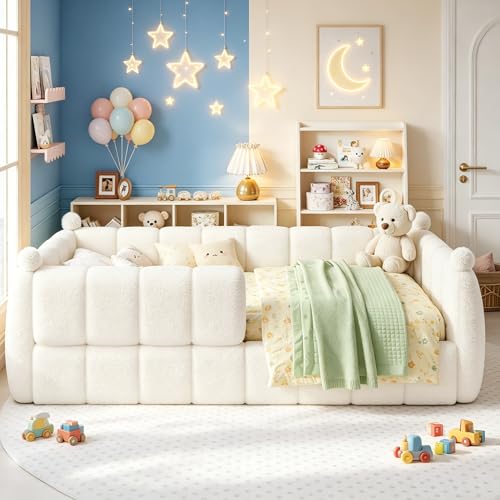 Twin Size Montessori Floor Bed with Teddy Fleece Padded Safety Rails