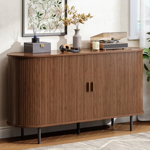 55" Fluted Buffet Sideboard with Sliding Door and Adjustable Shelf, Walnut