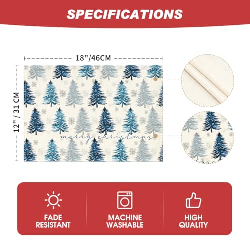 Artoid Mode Blue Christmas Placemats Set of 6, 12x18 Inch Seasonal Table Decor