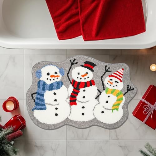 Christmas Snowman Bathroom Rug Set 2 Pack | Winter Holiday Bath Mats 34x18 & 30x20 Inches