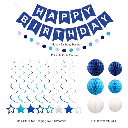 Blue Happy Birthday Party Decorations Set with Banner and Honeycomb Balls