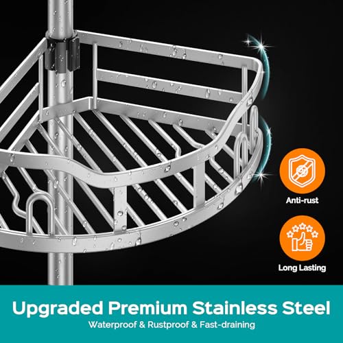 Corner Shower Caddy Tension Pole - 4-Tier Rustproof Bathroom Organizer
