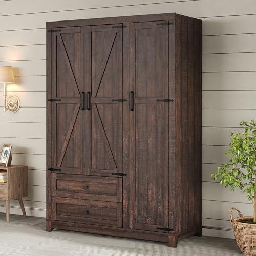 3-Door Farmhouse Wardrobe Closet with Drawers and Hanging Rod