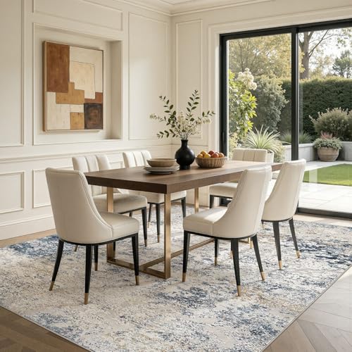 8x10 Washable Abstract Area Rug, Neutral Beige and Blue Non-Slip Carpet