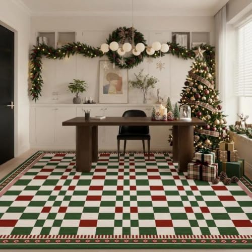 GarveeHome 9x12 Christmas Checkered Rug - Festive Red & Green Holiday Decor, Non-Slip, Machine Washable, for Living Room, Carnival Variation