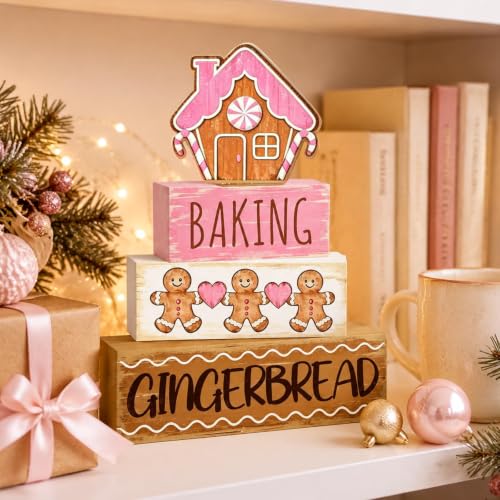 Pink Gingerbread House & Man Christmas Table Decorations Set - Wooden Holiday Centerpieces