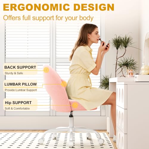Teddy Fleece Vanity Chair with Lumbar Support, Adjustable Swivel Desk Chair