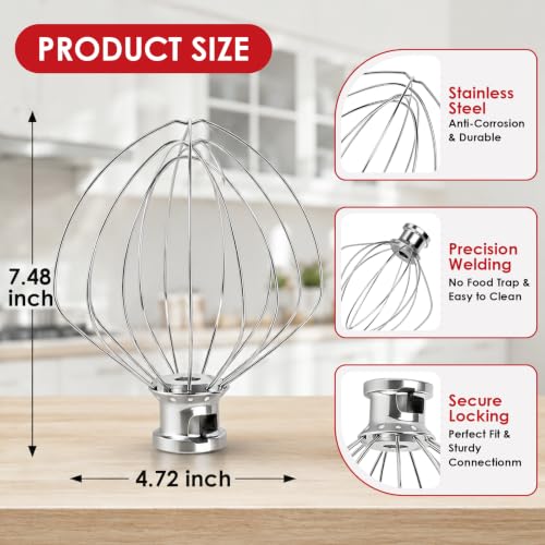 KitchenAid 6 Qt Whisk Attachment - Stainless Steel Mixer Beater for Baking