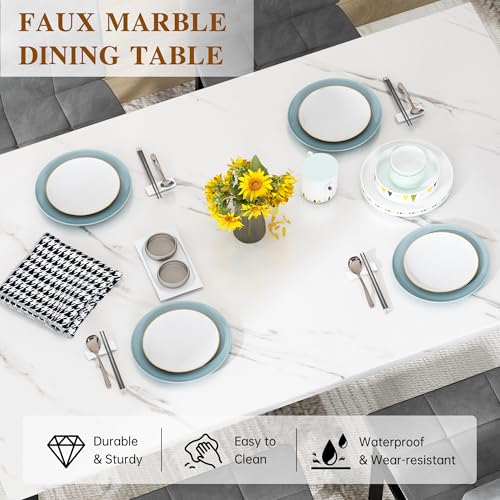 Faux Marble Dining Table Set for 4 with Velvet Upholstered Chairs