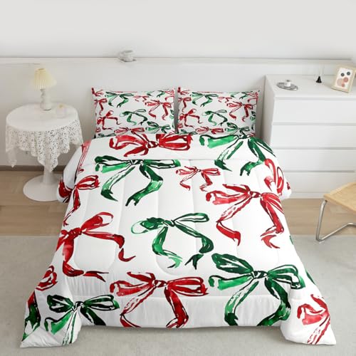 Erosebridal Watercolor Kids Bedding Set Full Size Bowknot Comforter with Pillowcases - Red Green