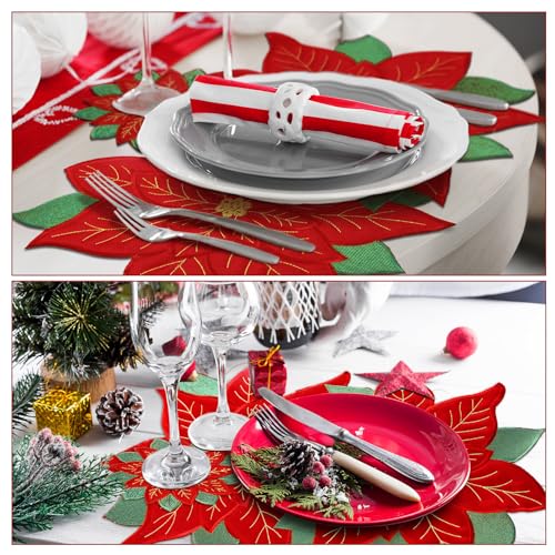 Tudomro Christmas Flower Embroidered Poinsettia Placemat & Coaster Set - Holiday Table Decor