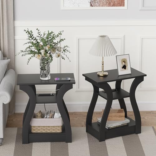 3-Tier End Tables Set of 2 with Charging Station, USB Ports & Outlets