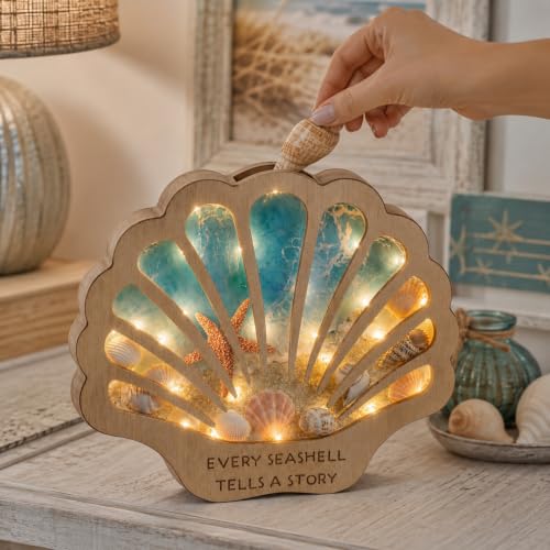 Seashell Display Case with Lights, Wooden Shadow Box for Beach Treasures