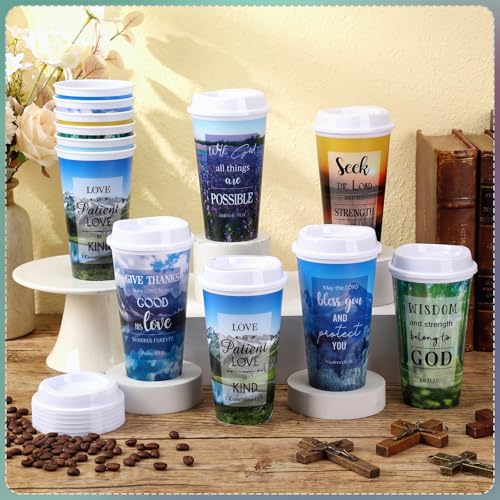 Skylety 12 Pack Christian Gifts Bulk Landscape Coffee Cups with Lids - Holiday & Religious Gift Set