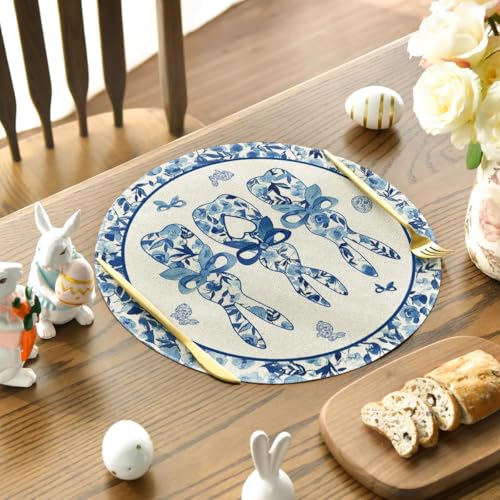 Artoid Mode Blue and White Porcelain Bunny Easter Placemats Set of 4, 14-Inch Round Spring Table Decor