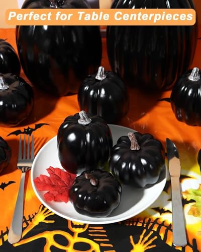 12 Pack Assorted Black Artificial Pumpkins for Fall Home Decor