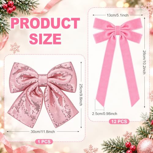 Pink Velvet Christmas Tree Bow Set with Sequin Topper - Holiday Decor