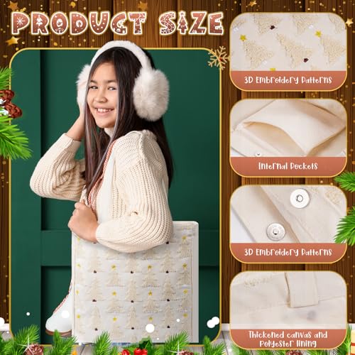 Abbylike Christmas Embroidery Tote Bag – White Canvas with Xmas Tree Design, Creamy White