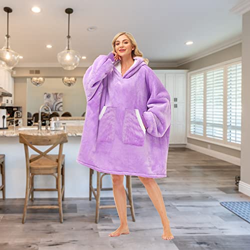 Oversized Wearable Blanket Hoodie, Cozy Sherpa Fleece Pullover, Purple