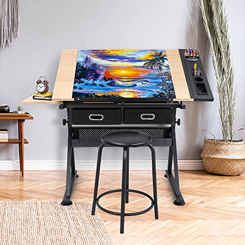 Adjustable Drafting Desk and Stool Set with Tiltable Tabletop and Drawers