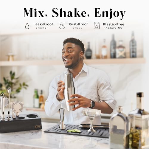 Bare Barrel 28oz Boston Shaker Cocktail Set with Recipe Cards | Silver/Black Bartending Kit